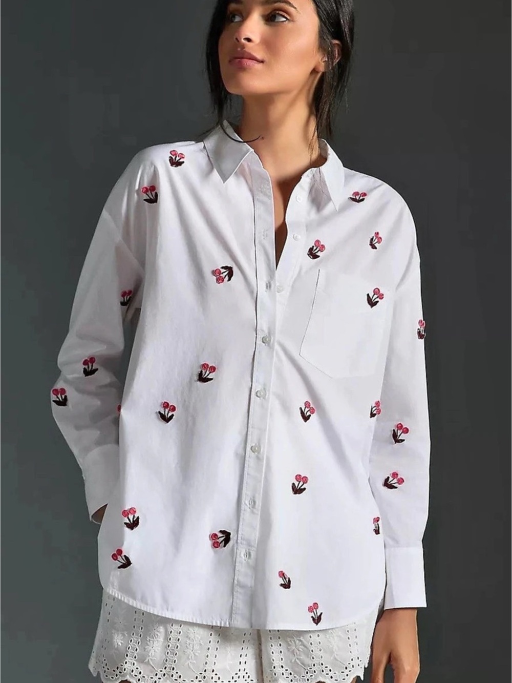$120 Maeve Anthropologie Bennet Floral Embroidered Button Down WhiteShirt Size M